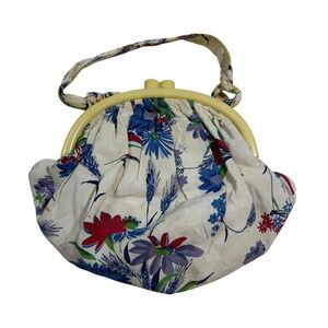 Vintage Floral Coin Purse Set - Kiss Lock Bakelite Handle Cream Blue Red